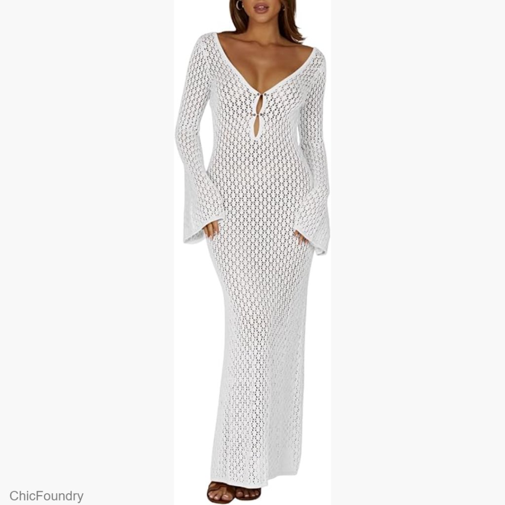 Crochet Maxi Cover Up Dress Long Sleeve Beach Swim Vacation Bodycon